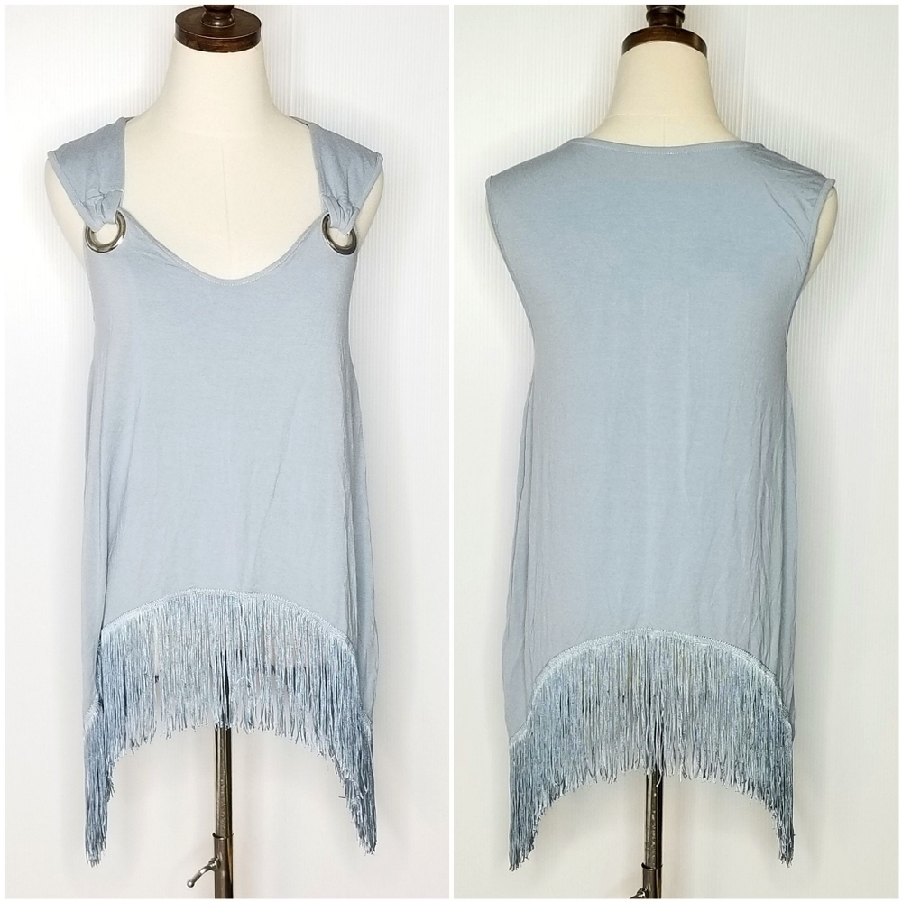 VENUS Blue Gray Fringe Hem Sleeveless Flowy Soft Spring Ringged Strap Medium Top
